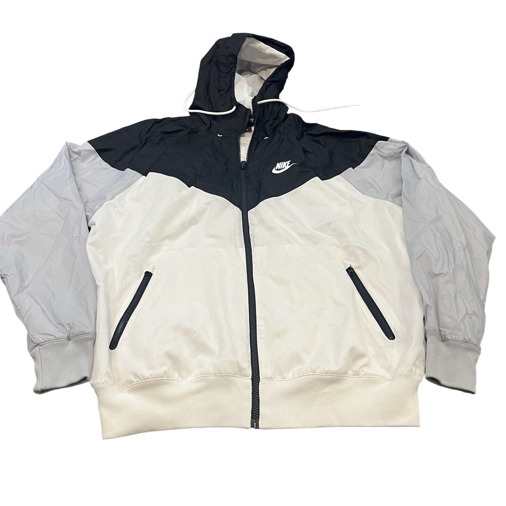 Nike Windrunner Jacket Mens Medium‎ White Black Grey Hooded Full Zip Windbreaker